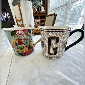 Anthropologie Rifle Paper Co. Set of 2 Ceramic Mugs Coffee Tea Monogrammed “G”